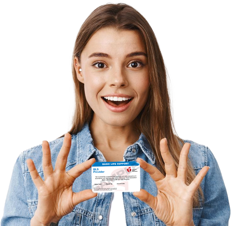 Student holding an AHA BLS Provider certification card